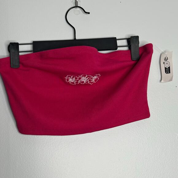 Roxy Women’s Aloha Bright Pink Ribbed Cropped Tube Top with White Flowers Size M - Picture 3 of 7